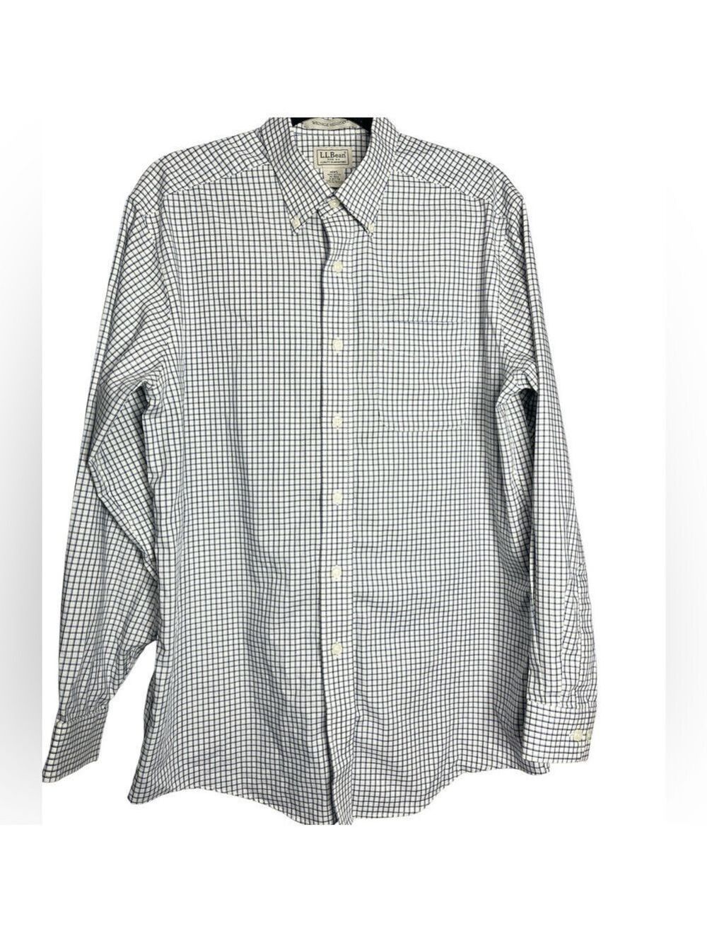 LL Bean Long Sleeve Blue Plaid Check Wrinkle Resistant Button Down Shirt, size M
